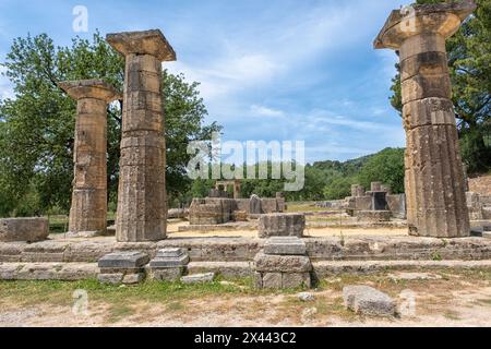 The Temple of Hera (also known as Heraion) is an ancient Doric Greek temple at Olympia, Ilia ('Elis'), Peloponnese, Greece. Stock Photo