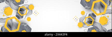 Scientific and technological background. Wireframe wave with hexagons of different types on a gray gradient. Stock Vector