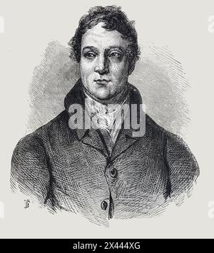 Portrait of William Huskisson PC (1770 – 1830. Huskinsson was a British statesman, financier, and Member of Parliament for several constituencies, including Liverpool. Famously run over and fatally injured by George Stevenson's 'Rocket' steam engine. Illustration from Cassell's History of England, Vol VII. New Edition published Circa 1873-5. Stock Photo