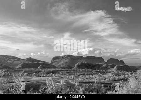 An infrared landscape picture taken looking across the Vinales valley at the dramatic Karst landscape. Near Vinales, Cuba. Stock Photo