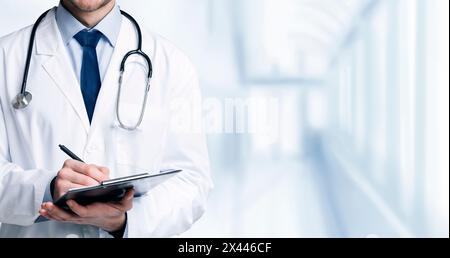 Quality Medical Services. Unrecognizable Doctor In Uniform Taking Notes To Clipboard Stock Photo