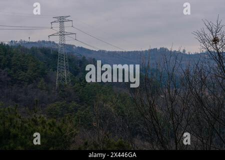 Winter landscape of electrical power line tower surrounded by trees on side of mountain under cloudy sky in South Korea Stock Photo