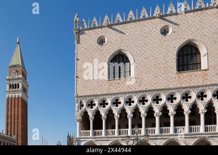 National Library of St Mark's or Biblioteca Nazionale Marciana, the Campanile bell tower and Doge's Palace, St Mark's Square, San Marco district Stock Photo