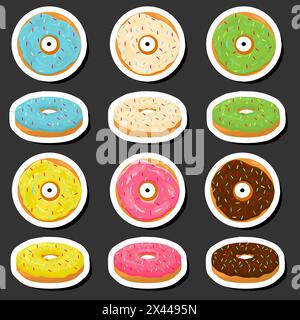 Illustration on theme big set different types sticky donuts, sweet doughnuts various size, donut pattern consisting of collection organic doughnuts fr Stock Vector