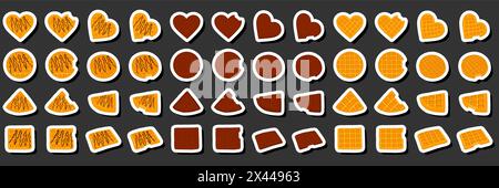 Illustration on theme big kit different types biscuit waffle with cell, dessert cookie, waffle consisting of tasty shaped cookie, fresh soft biscuit, Stock Vector