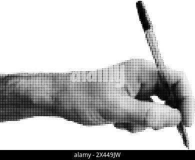 Halftone dotted male writing hand with a pen. Vector textured human arm for trendy y2k retro collage Stock Vector
