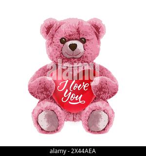 Pink bear toy holding red heart with I love you message. Realistic vector illustration isolated on white background. Cute teddy character. Fashion pri Stock Vector