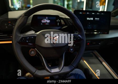 steering wheel, Driver's column fully electric CUPRA Born, black Interior, digital instrument panel, Spanish innovation in Berlin, Germany - April 24, Stock Photo