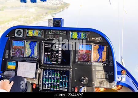Zeppelin flight over Lake Constance and the Lake Constance region, view into the cockpit of the pilots, Friedrichshafen, Baden-Wuerttemberg, Germany Stock Photo