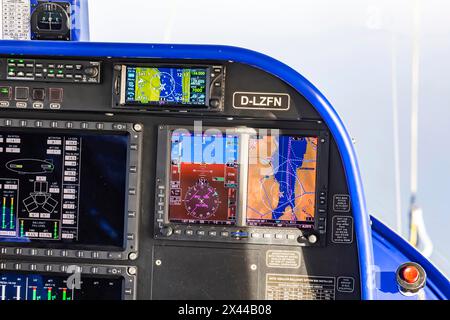 Zeppelin flight over Lake Constance and the Lake Constance region, view into the cockpit of the pilots, Friedrichshafen, Baden-Wuerttemberg, Germany Stock Photo