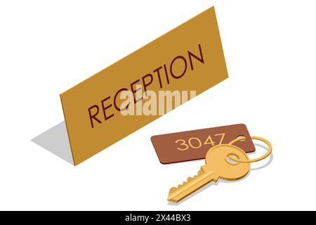 Isometric Hotel reception interior. Reception desk. Keys with keychain, Room key at hotel Stock Vector