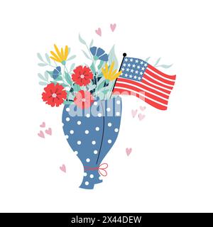 Handdrawn flower bouquet with American flag. Vector design on 4th of July with poppy flowers. Stock Vector