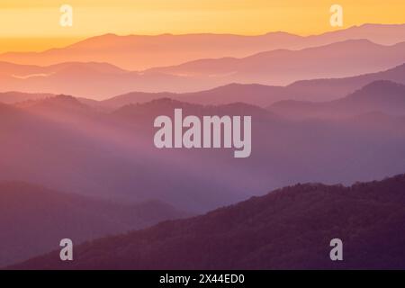 Spring sunrise view of mountains and mist, from Clingmans Dome area, Great Smoky Mountains National Park, North Carolina Stock Photo