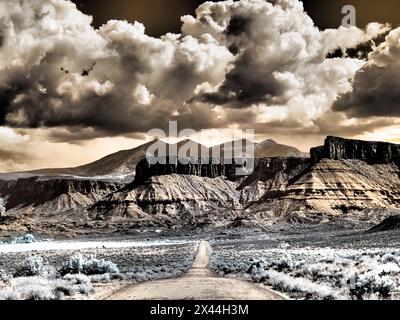 USA, Utah. Infrared of road leading to Fisher Tower and large clouds Stock Photo