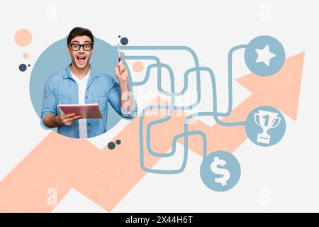 Composite photo collage of excited man hold notepad pen idea decision puzzle way choose star dollar cup isolated on painted background Stock Photo