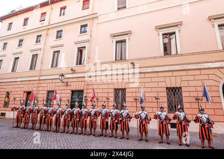 Vatican, Vatican City. 30th Apr, 2024. Vatican, Vatican City, 30th April 2024. Vatican Swiss Guard recruits line up during the rehearsal of their upcoming swearing-in ceremony. 34 new Swiss Guards are expected to swear in St. Damaso courtyard on 6th May. Credit: Riccardo De Luca - Update Images/Alamy Live News Stock Photo