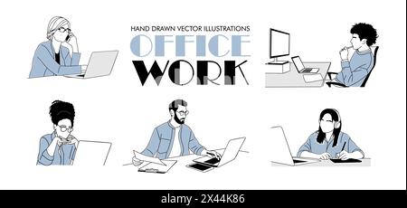 Hand drawn vector illustrations of office work.  Stock Vector