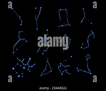 Vector isolated illustration set of zodiac sign constellations with neon effect. Stock Vector
