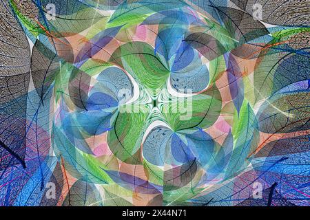 Multi-colored skeleton leaves arranged on white background Stock Photo