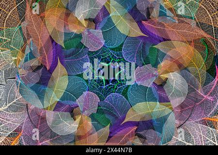 Multi-colored skeleton leaves arranged on black background Stock Photo