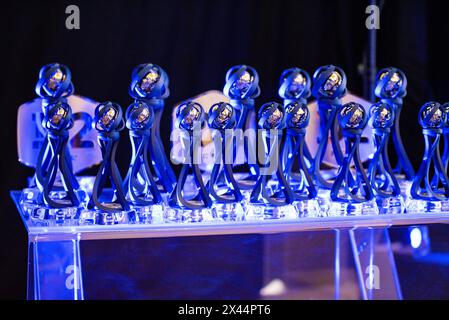 Paris, France. 29th Apr, 2024. A view of the trophies ahead of the 2024 D1 Arkema trophies ceremony on April 29, 2024 at Pavillon Dauphine in Paris, France - Photo Melanie Laurent/A2M Sport Consulting/DPPI Credit: DPPI Media/Alamy Live News Stock Photo