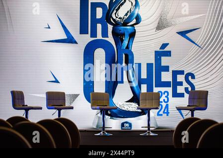 Paris, France. 29th Apr, 2024. The stage ahead of the 2024 D1 Arkema trophies ceremony on April 29, 2024 at Pavillon Dauphine in Paris, France - Photo Melanie Laurent/A2M Sport Consulting/DPPI Credit: DPPI Media/Alamy Live News Stock Photo