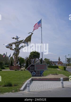 Grandcamp-Maisy, France - Apr 23, 2024: US National Guard memorial. A tribute to the medal of honor Sgt Frank Peregory. Sunny spring day. Stock Photo