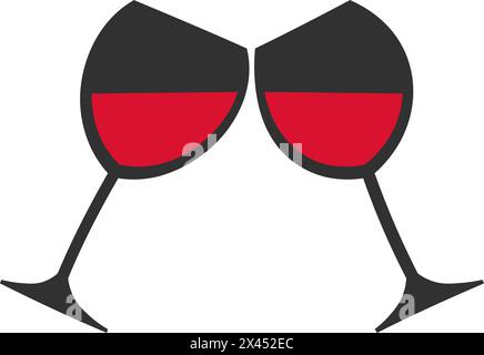 Flat cartoon two glasses of French red wine, delicately touching amidst a backdrop of warmth and intimacy Stock Vector