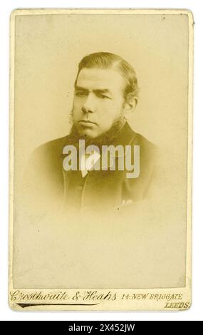 Original Victorian Carte de Visite (visiting card or CDV) of bearded Victorian gentleman, Victorian man, with lots of facial hair, from the studio of Crossthwaite and Heaps, New Briggate, Leeds, Yorkshire,  U.K. Circa 1888-1891 Stock Photo