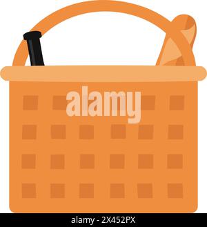Flat cartoon brown tasty French picnic basket with a bottle of wine and bread icon Stock Vector