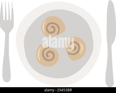 Flat cartoon restaurant plate with French snails icon Stock Vector