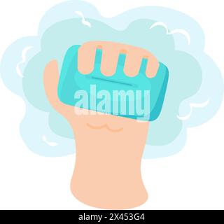 Man hand holding bar of soap icon. Maintaining daily hygiene, medical stroked cartoon element for modern and retro design. Simple color vector pictogr Stock Vector