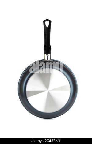 Insulated frying pan on white background, heating side view. Copy space. Stock Photo