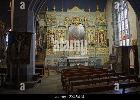 Le Faou, France - Apr 6, 2024: Eglise Notre Dame De Rumengol. Cloudy spring day. Selective focus Stock Photo