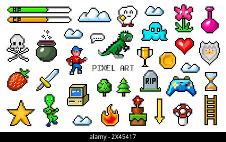 Pixel art 8 bit objects. Retro game assets. Set of icons. Vintage computer video arcades. Characters and coins, Winner's trophy. Vector illustration. Stock Vector