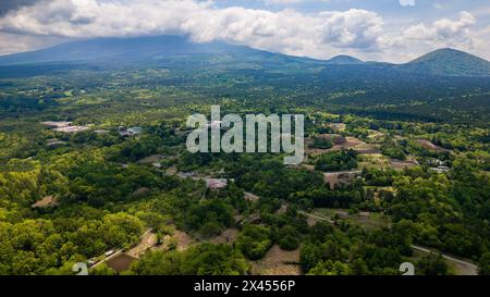 Aerial view of a cloud covered Mount Fuji and forest near Saiko, Japan Stock Photo