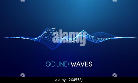 Sound waves on blue background. Curve radio wave digital signal. Digital technology background. Stock Vector