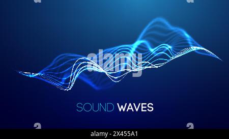 Sound waves on blue background. Curve radio wave digital signal. Digital technology background. Stock Vector
