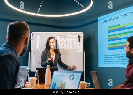 Business woman leading a meeting analyzing company data together with her colleagues in a modern coworking space Stock Photo