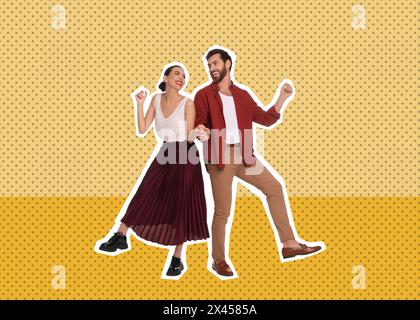 Pop art poster. Couple dancing on orange background, pin up style Stock Photo