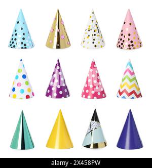 Colorful party hats isolated on white, set Stock Photo