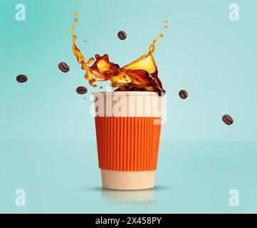 Aromatic coffee splashing in takeaway paper cup and flying roasted beans on turquoise background Stock Photo