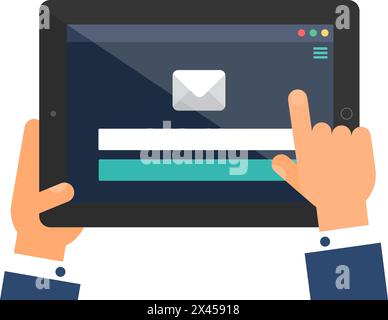 User hand enters data on website of Electronic Mailbox on portable laptop. Start web page menu on screen of digital gadget. Simple flat vector isolate Stock Vector