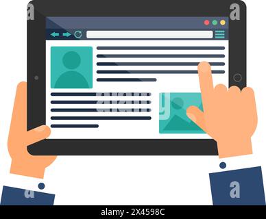 User hand enters data on website of Job Application Form on portable laptop. Employee Data web page menu on screen of digital gadget. Simple flat vect Stock Vector