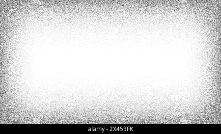 Noise dot frame gradient. Rectangular grain effect. Stipple pattern black background. Grunge texture border. Stock Vector