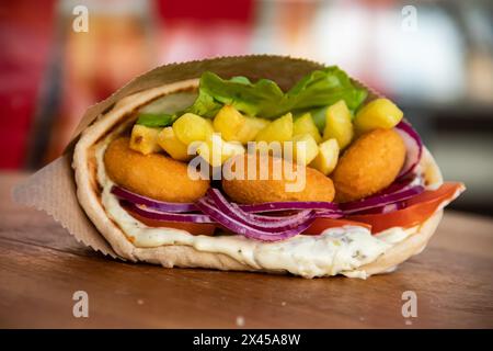 Chicken nugget wrap sandwich bursting with crispy onion, golden French fries, fresh green salad, and ripe tomato, all wrapped in a warm, soft tortilla Stock Photo