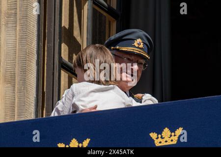 Stockholm, Sweden. 30th Apr, 2024. STOCKHOLM, SWEDEN 20240430King Carl Gustaf and Prince Gabriel on the balcony during the King's birthday celebrations at the inner courtyard of the Royal Palace in Stockholm, Sweden, on April 30, 2024. Photo: Samuel Steén/TT/Code 12170 Credit: TT News Agency/Alamy Live News Stock Photo