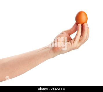 brown egg in hand path isolated on white Stock Photo