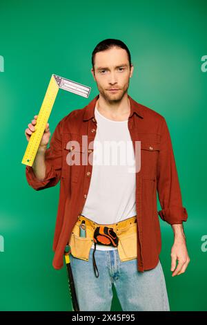 Handsome male worker in uniform holding a large yellow measuring tape against a green backdrop. Stock Photo