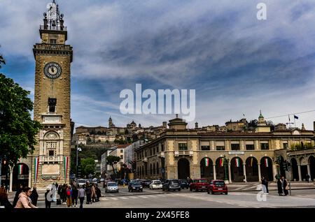 Torre dei Caduti and view of Citta Alta, Bergamo, Lombardy, Italy. April 2023. Stock Photo